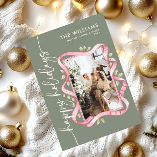 Pink Ribbon Frame Happy Holidays Multi Photo Holiday Card