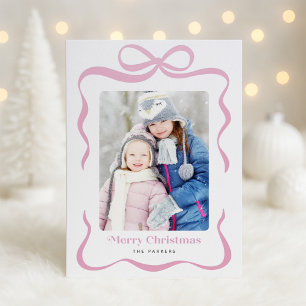 Pink Ribbon Gift Bow Merry Christmas Photo Letterpress Photo Cards