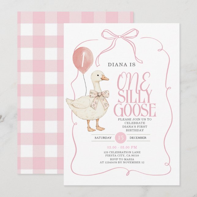 PINK Ribbon Gingham One Silly Goose Birthday  Invitation (Front/Back)