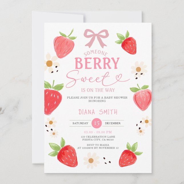 PINK Ribbon Gingham Strawberry Baby Shower Invitation (Front)