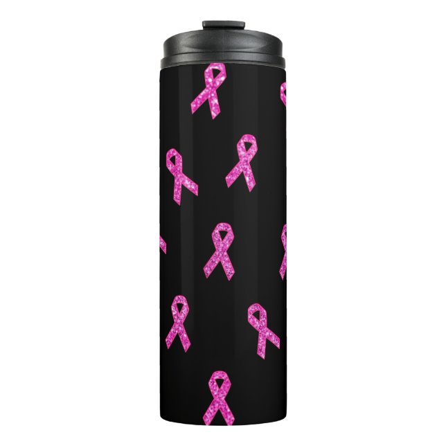 Pink Ribbon Glitter Black Background Thermal Tumbler (Front)