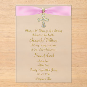 Pink Ribbon & Gold Cross Baptism Acrylic Invitations