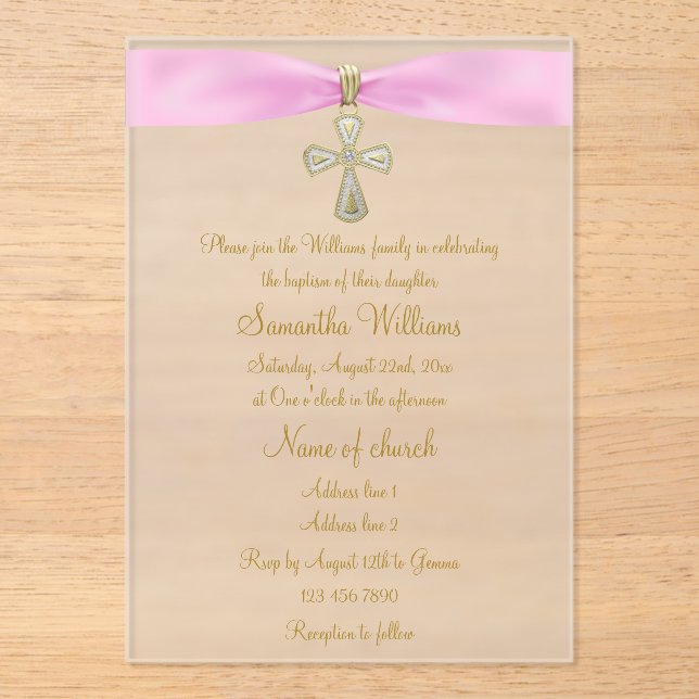 Pink Ribbon & Gold Cross Baptism Acrylic Invitations (Front)