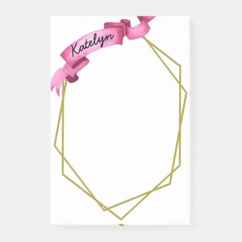 Pink Ribbon Gold Geometric Frame Personlized Post_it Notes