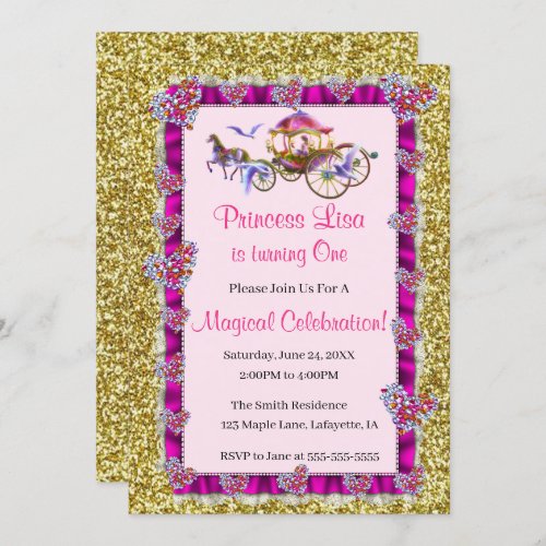 Pink Ribbon Gold Glitter Royal Princess Birthday Invitation