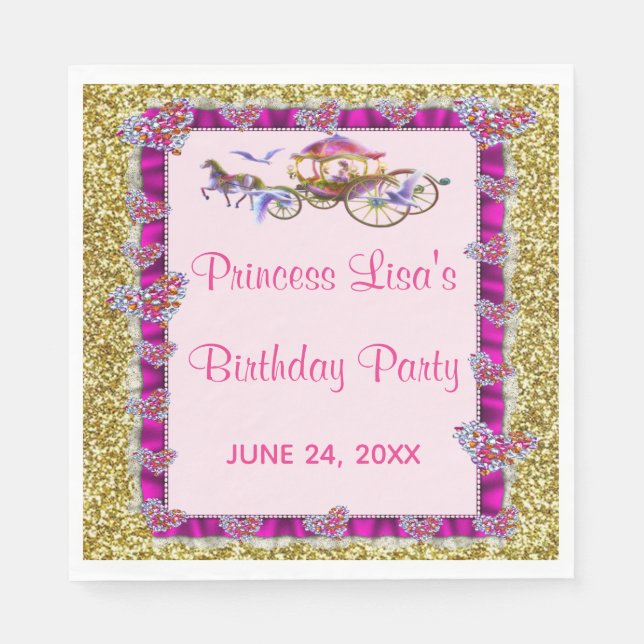 Pink Ribbon Gold Glitter Royal Princess Birthday Napkins (Front)
