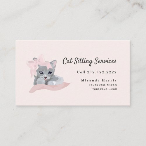 Pink Ribbon Gray Kitten Cat Sitting Business Card