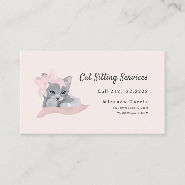 Pink Ribbon Gray Kitten Cat Sitting Business Card (Front)