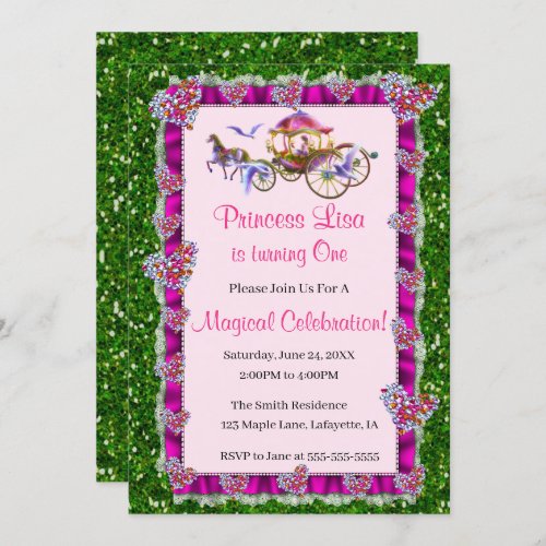 Pink Ribbon Green Glitter Royal Princess Birthday Invitation