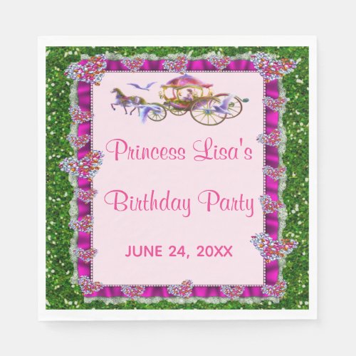 Pink Ribbon Green Glitter Royal Princess Birthday Napkins