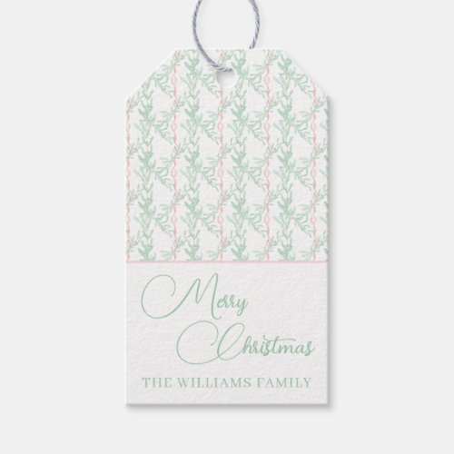 Pink Ribbon Greenery Traditional Classic Christmas Gift Tags