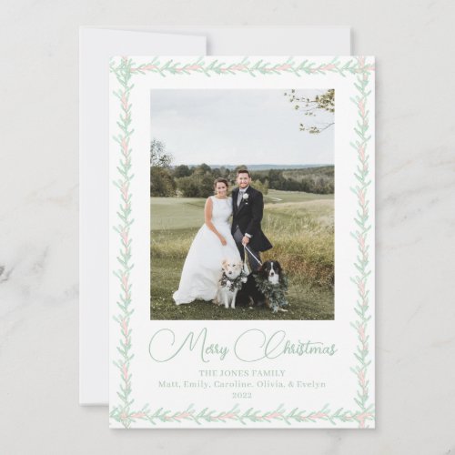 Pink Ribbon Greenery Vintage Christmas Photo Holiday Card