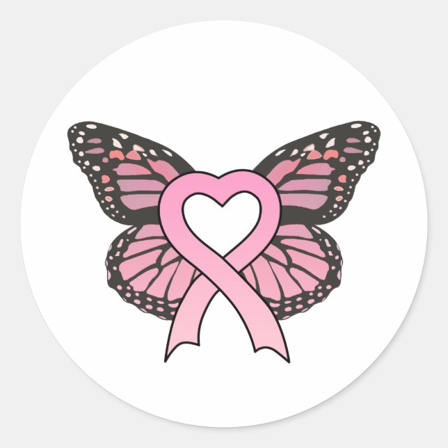 Pink Ribbon Heart Butterfly Sticker (Front)