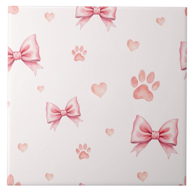 Pink Ribbon, Heart & Paw Print Pattern - Soft Pink Ceramic Tile (Front)