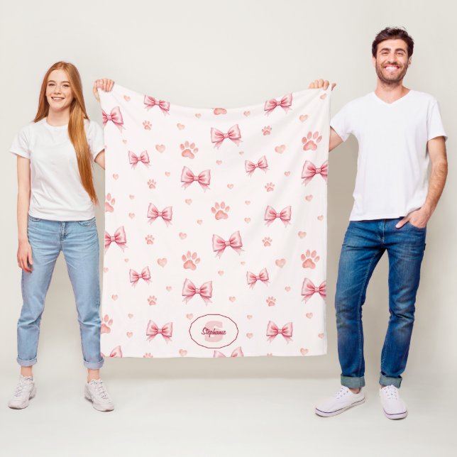 Pink Ribbon, Heart & Paw Print Pattern - Soft Pink Fleece Blanket (In Situ)