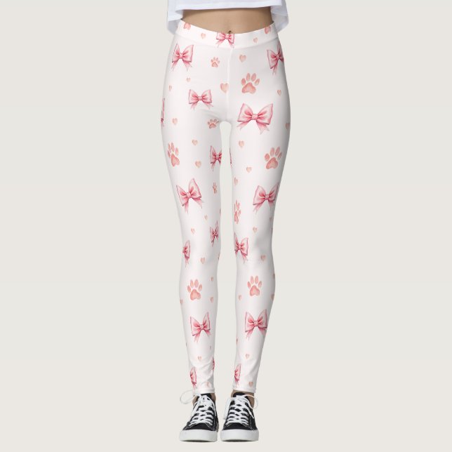 Pink Ribbon, Heart & Paw Print Pattern - Soft Pink Leggings (Front)