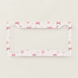 Pink Ribbon, Heart & Paw Print Pattern - Soft Pink License Plate Frame