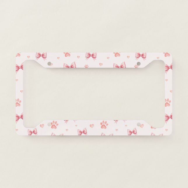Pink Ribbon, Heart & Paw Print Pattern - Soft Pink License Plate Frame (Front)
