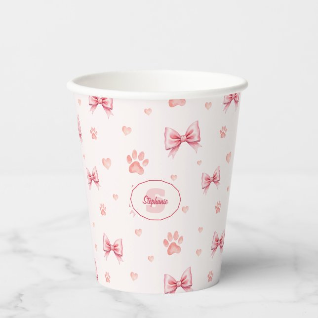 Pink Ribbon, Heart & Paw Print Pattern - Soft Pink Paper Cups (Front)