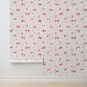 Pink Ribbon, Heart & Paw Print Pattern - Soft Pink Wallpaper