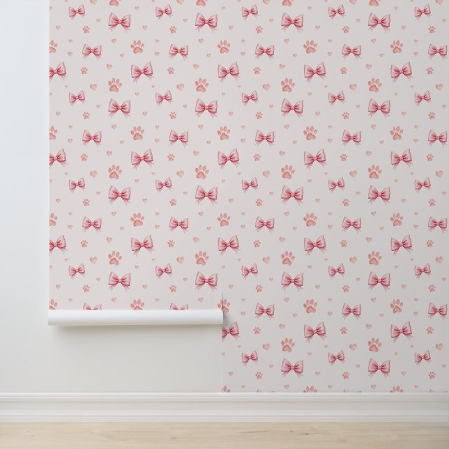 Pink Ribbon, Heart & Paw Print Pattern - Soft Pink Wallpaper (Application)