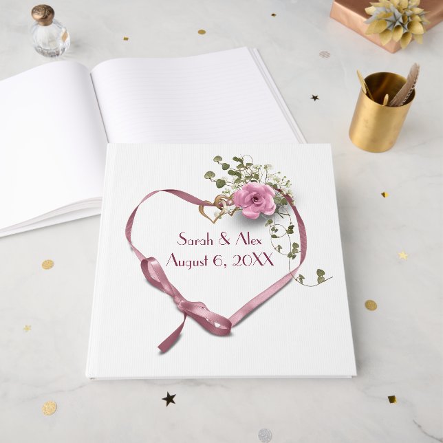 Pink Ribbon Heart with Rose Guest Book (Front Open)