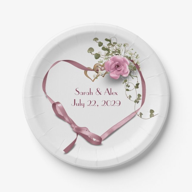Pink Ribbon Heart with Rose  Paper Plates (Front)