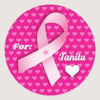 Pink Ribbon & Hearts Breast Cancer Customize Text Classic Round Sticker