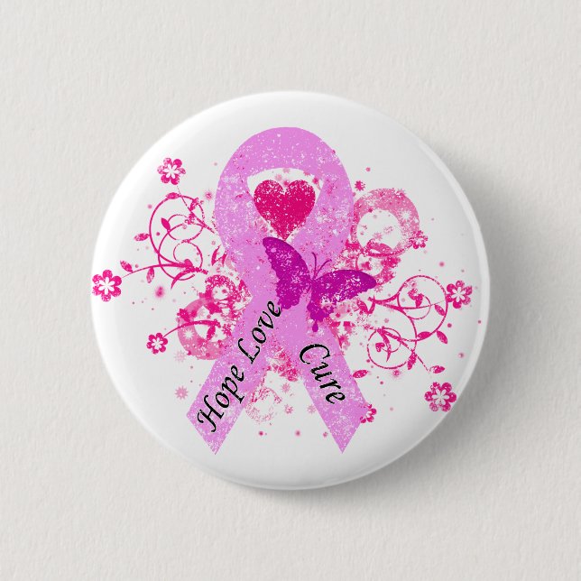 Pink Ribbon Hope Love Cure Button (Front)