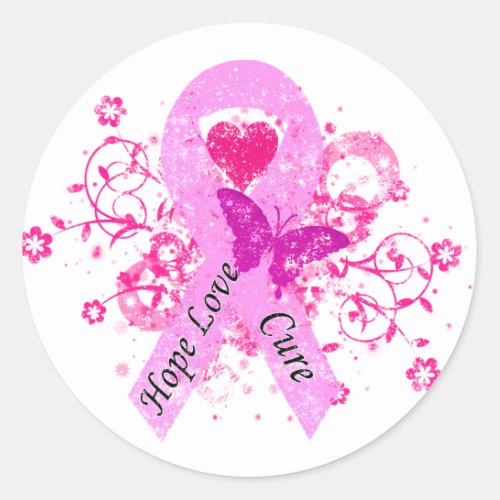 Pink Ribbon Hope Love Cure Classic Round Sticker