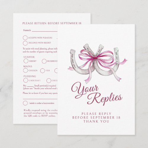 Pink Ribbon Horseshoe Wedding Meal Choice QR Code RSVP Card