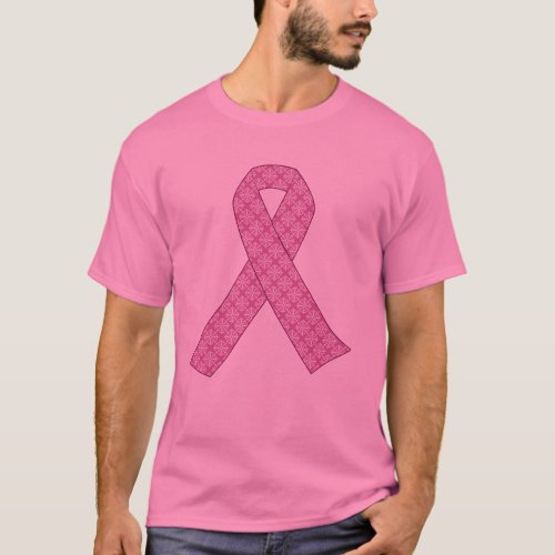 Pink Ribbon in Damask Pattern T_Shirt