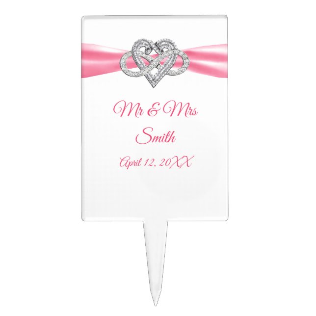 Pink Ribbon Infinity Heart Wedding Cake Topper (Front)