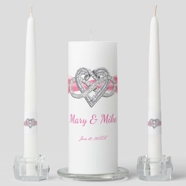 Pink Ribbon Infinity Heart Wedding Unity Candle Set (Front)