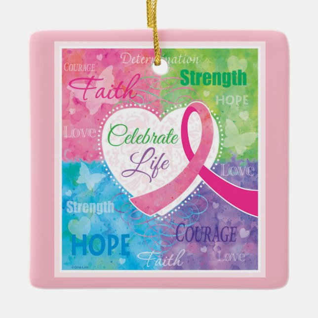 Pink Ribbon Inspirational Ceramic Ornament (Front)