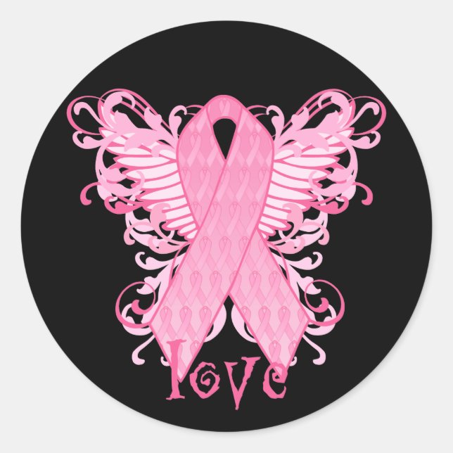 Pink Ribbon Love Classic Round Sticker (Front)