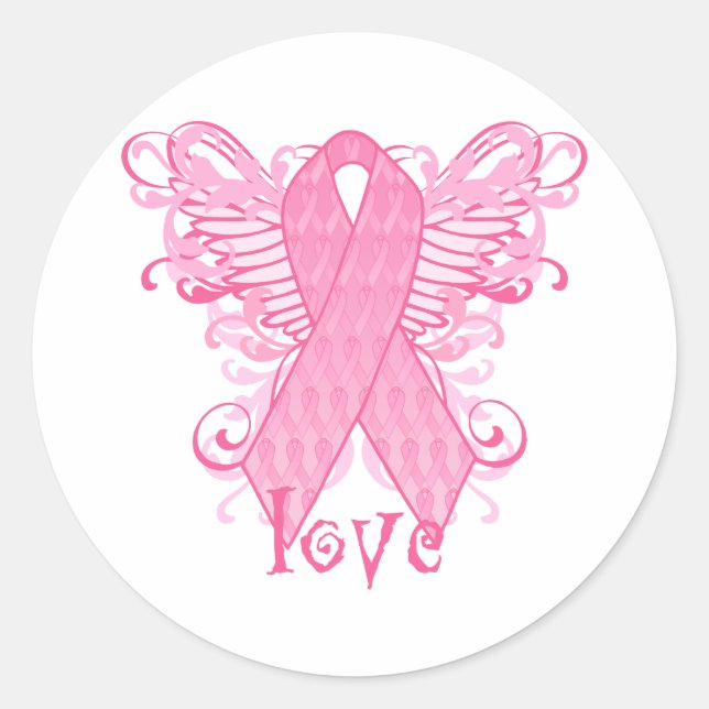 Pink Ribbon Love Wings Classic Round Sticker (Front)