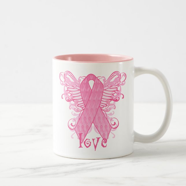 Pink Ribbon Love Wings Two-Tone Coffee Mug (Right)