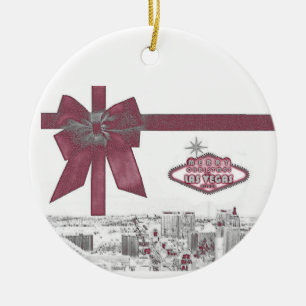 PINK Ribbon Merry Christmas from Las Vegas Ornamen Ceramic Ornament