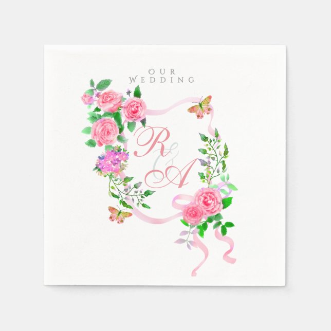 Pink  Ribbon Monogram Wedding  Napkins (Front)