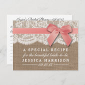 Pink Ribbon On Burlap & Lace Bridal Shower Recipe Invitation Postcard (Front/Back)