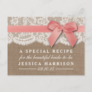 Pink Ribbon On Burlap & Lace Bridal Shower Recipe Invitation Postcard