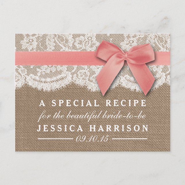 Pink Ribbon On Burlap & Lace Bridal Shower Recipe Invitation Postcard (Front)