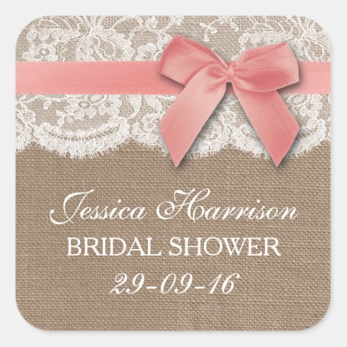 Pink Ribbon On Burlap  Lace Bridal Shower Square Sticker