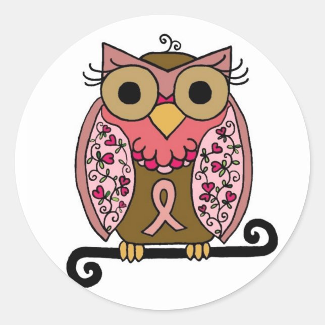 Pink Ribbon Owl Classic Round Sticker (Front)