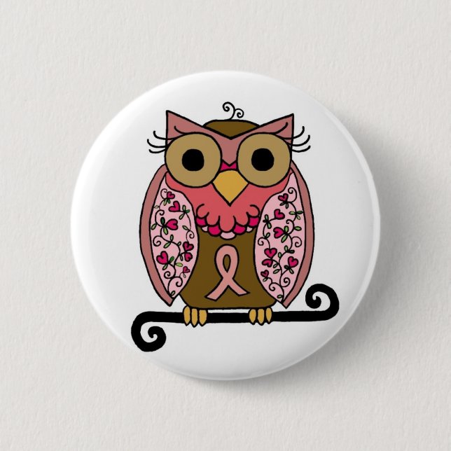 Pink Ribbon Owl Pinback Button (Front)