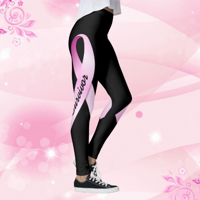 Pink Ribbon Personalize Name Breast Cancer Support Leggings (Creator Uploaded)