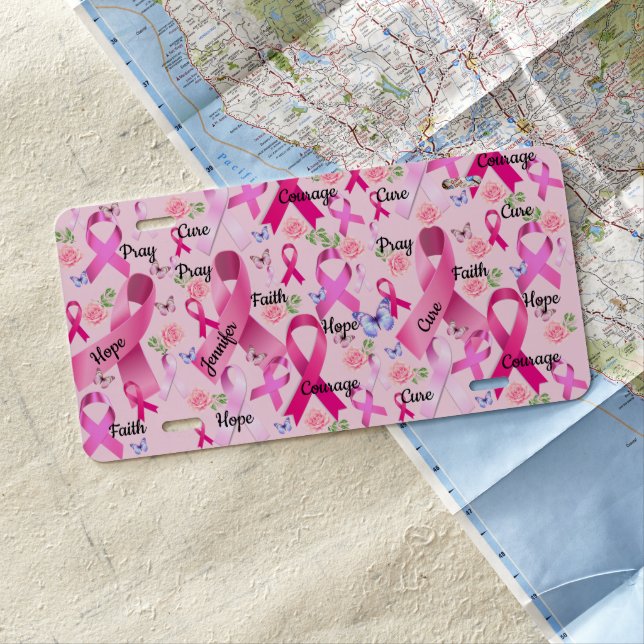 Pink Ribbon Personalize Words & Name Breast Cancer License Plate (In Situ)