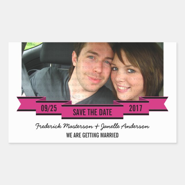 Pink Ribbon Photo Save the Date Stickers (Front)