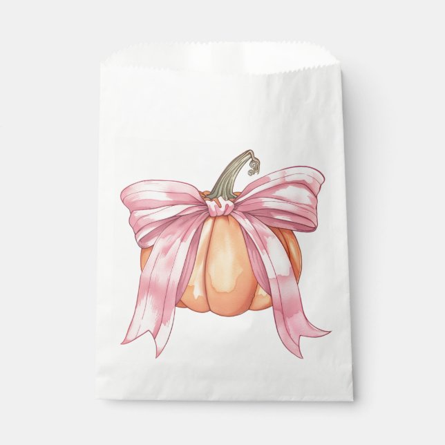 Pink Ribbon Pumpkin, Coquette Fall Pumpkin Bow Favor Bag (Front)